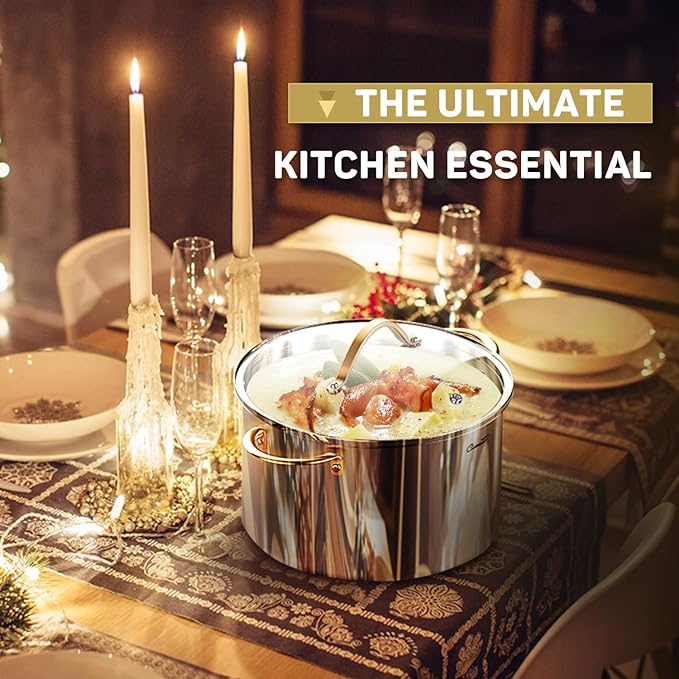 8 Quart Stock Pot, 3 Ply Whole Clad Stainless Steel Stock Pot, 8 QT Cooking Pot with Lid, Induction Pot for Cooking, 18/10 Stainless Steel Cookware Stockpots Oven, Gas and Dishwasher Safe