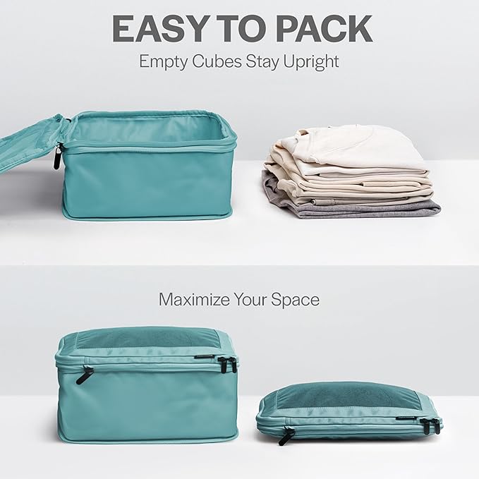 Aerotrunk Compression Packing Cubes for Travel - Luggage Organizer Bags - Double Zipper Packing Cubes for Suitcases (6-Pack, Teal)