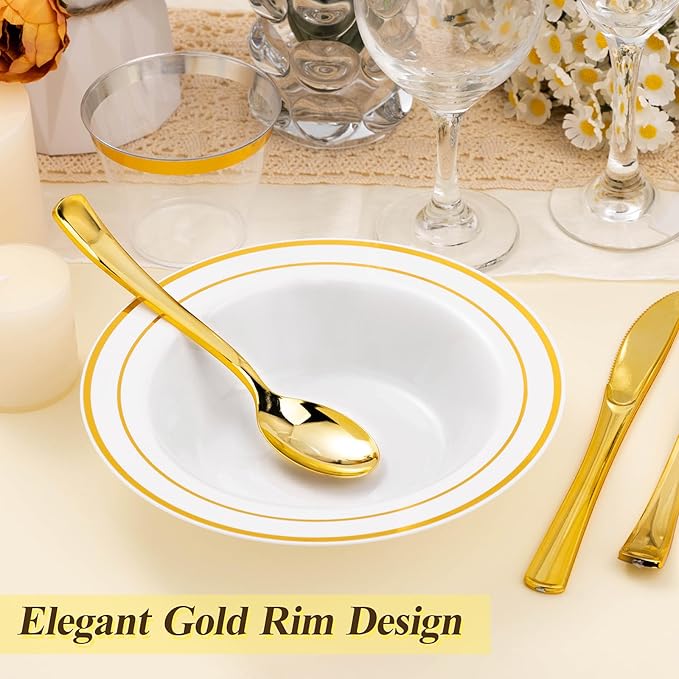 100 Pack Disposable Soup Bowls with Gold Rim, 12oz Premium Heavy Duty Plastic Dinner Bowls for Party, Wedding and Holiday