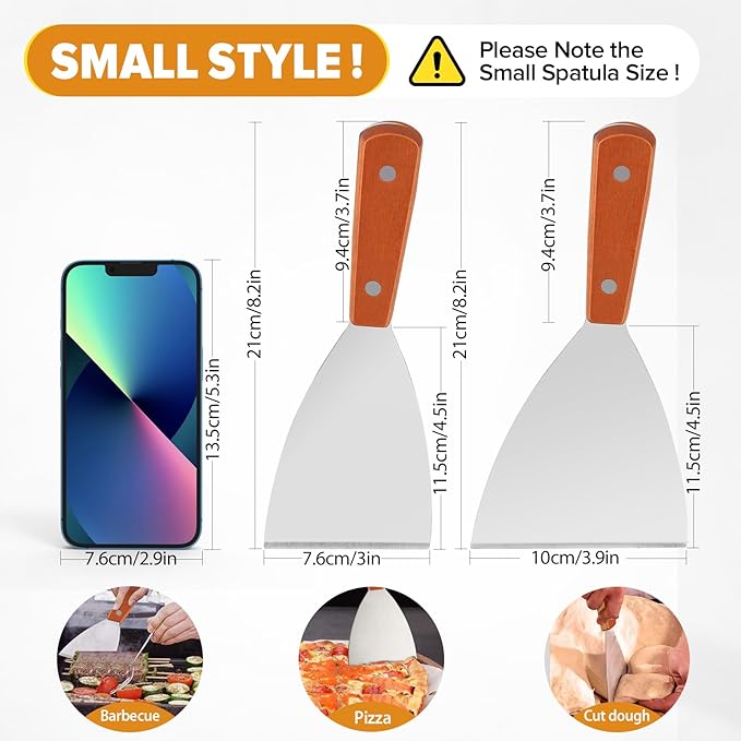 Small Flat Metal Spatula Scraper Set,2 Pcs Stainless Steel Dough Food Scraper Kitchen Tool, Griddle Grill Scrapers for Flat Tops Pancake Pizza Burgers Cooking Cutting Flipping Cleaning, Slant Edge