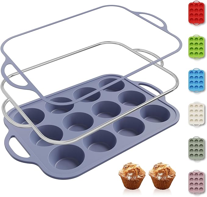 12 Cups Silicone Muffin Pan with Metal Reinforced Frame Regular Size Cupcake Pan Tray Egg Bites Silicone Rubber Cookie Molds Muffin Tin Baking Pans Tart Pan Not Stainless Steel Ceramic Aluminum