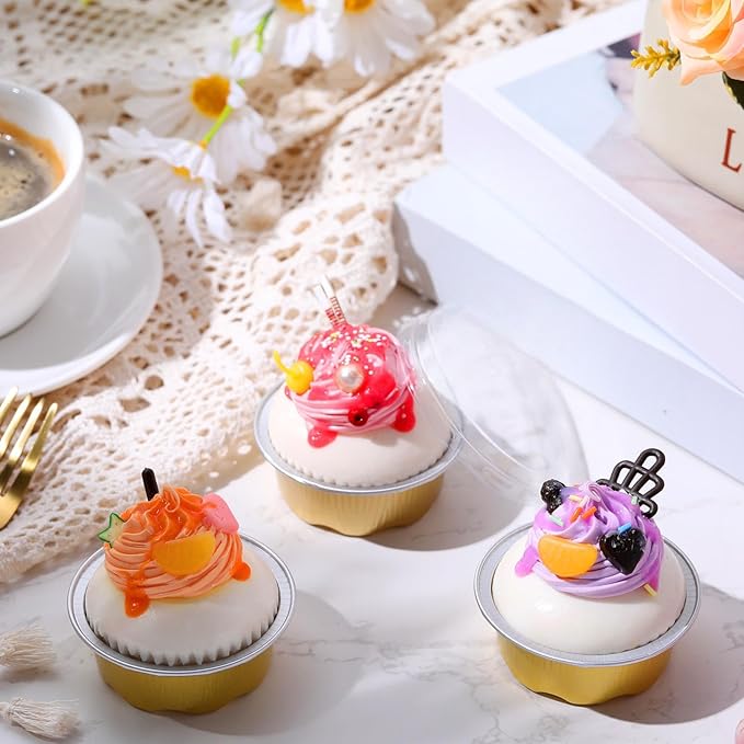 Eaasty 150 Count Baking Cups with Lids, 1.6 oz Muffin Cupcake Liners Aluminum Foil Mini Cake Pans Small Disposable Ramekins Flan Containers with Lids for Christmas, Birthday, Various Holiday(Gold)