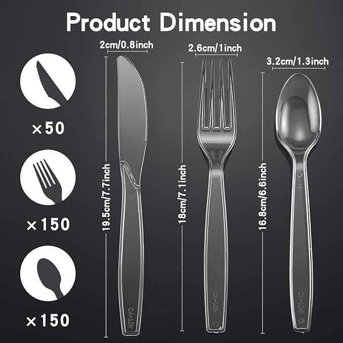 350pc Heavy Duty Plastic Silverware Set: 150 Forks/150 Spoons/50 Knives | Commercial Plastic Forks Spoons Knives BPA-Free & Temp-Resistant | Bulk Disposable for Party Catering Events