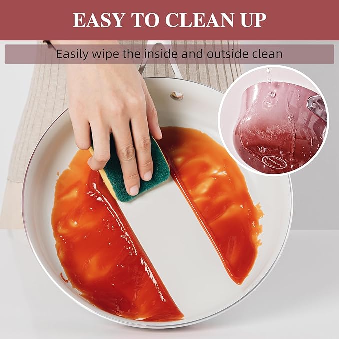 Kitchen Pots and Pans Set Non Stick, 11 Pcs Ceramic Cookware Set with Stay-Cool Handle, Pot and Pan Set NonToxic PFOA/PFAS Free, Dishwasher/Oven Safe, Evenly Heats, Enamel Exterior - Coral Red