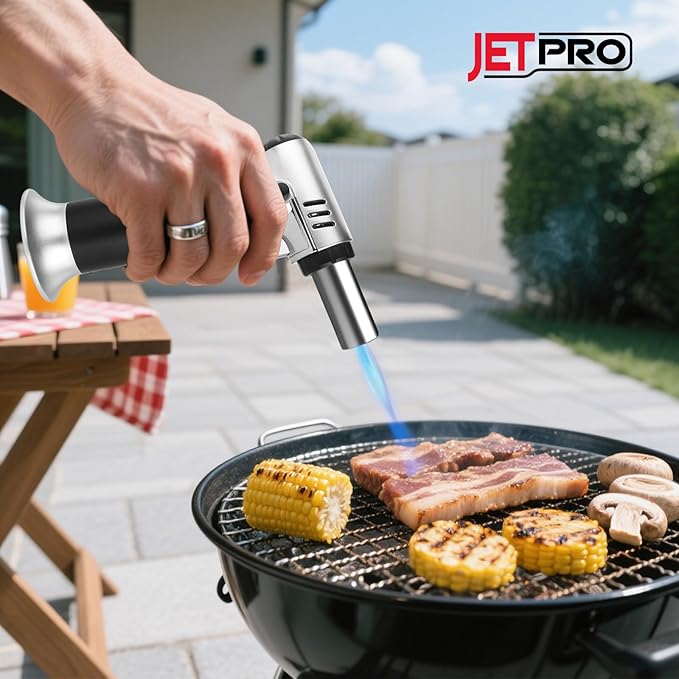 Butane Torch Lighter Refillable with Adjustable Flame Kitchen Torch for Creme Brulee Baking BBQ Cooking Soldering One Hand Operation with Fuel Window Safety Lock (Butane Gas Not Included)