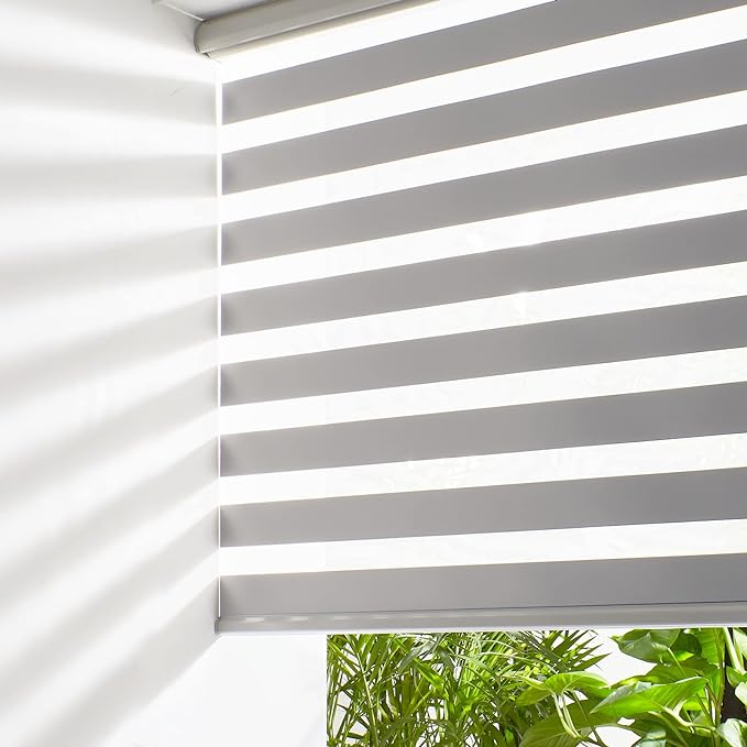Persilux Cordless Zebra Blinds for Windows Free-Stop Roller Shades (71" W X 72" H, Grey) Dual Layer Light Cintrol for Day and Night, Light Filtering Sheer Shades for Home, Easy to Install