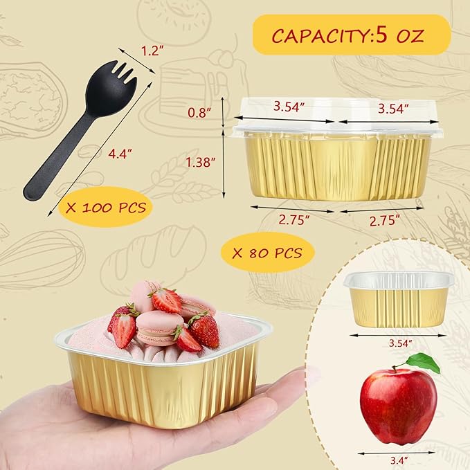 5oz/80pack Foil Mini Cake Baking Pans with Lids,LNYZQUS Small Disposable Ramekins Cupcake Tins Muffin Baking Cups,Aluminum Square Brownie Pan Mini Cheesecake Containers-Gold