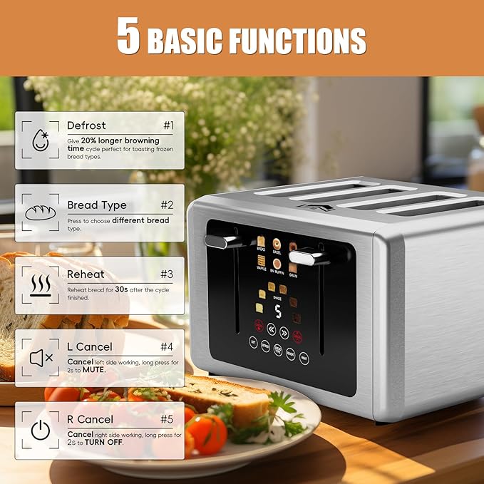 4 Slice Toaster, Touchscreen & Dual Independent Control Panel,Digital Countdown Toasters, 6 Shade Settings＆6 Bread Types, Smart Mute/Screen-Off,Silver