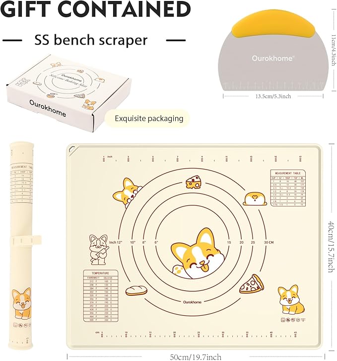 Ourokhome Silicone Baking Mat Sheet and Pastry Dough Cutter, 0.5 Inch Thick 20'' X 16" BPA free Silicone Rolling Mat, Non-Stick and Anti-Slip, Dishwasher Safe (Beige)