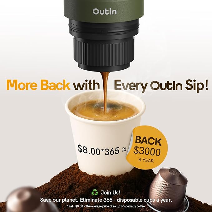 OutIn Nano Portable Electric Espresso Machine, Travel Coffee Maker for Camping, Car Coffee Maker Self-Heating with USB-C, With Ground Coffee & NS Capsule for RV, Hiking, Office