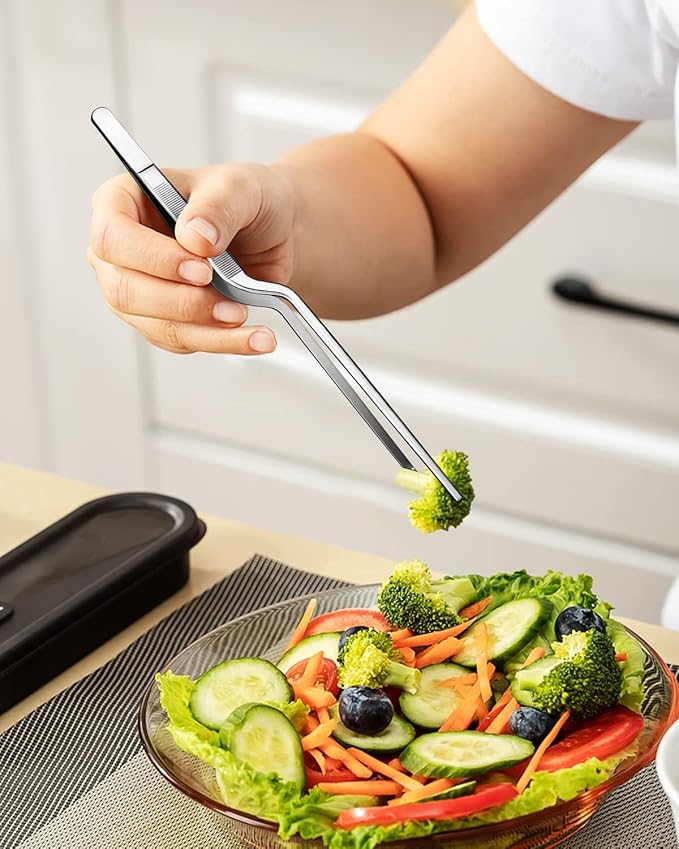 Fine Cooking Tweezers Set, Professional Stainless Steel Food Tongs, Kitchen Black Long Chef Tweezer for Cooking, Plating, Decorating and BBQ (SILVER, 12 inch)