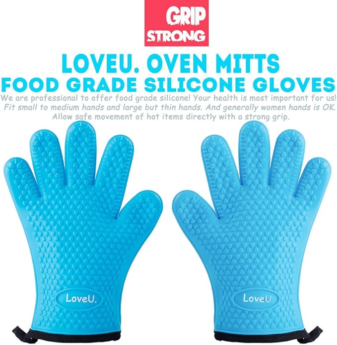 Kitchen Oven Gloves - Dual-Layer Heat Resistant Grilling Gloves, Silicone Oven Mitts with 5 Fingers, Waterproof Non-Slip Pot Holder for Barbecue, Cooking, Baking (Blue)