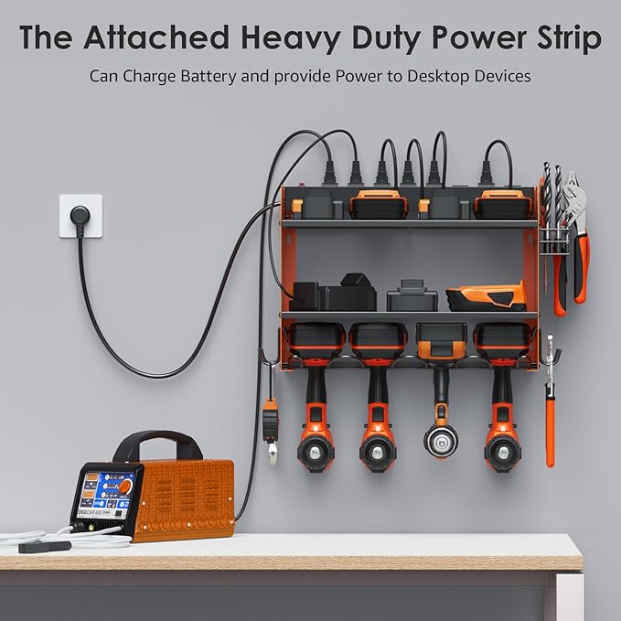 CCCEI Modular Power Tool Organizer Wall Mount with Charging Station. Garage Drill Storage Shelf with Hooks, Heavy Duty Rack, Tool Battery Holder Built in 8 Outlet. Gift for Men. Orange, 2 Pack.