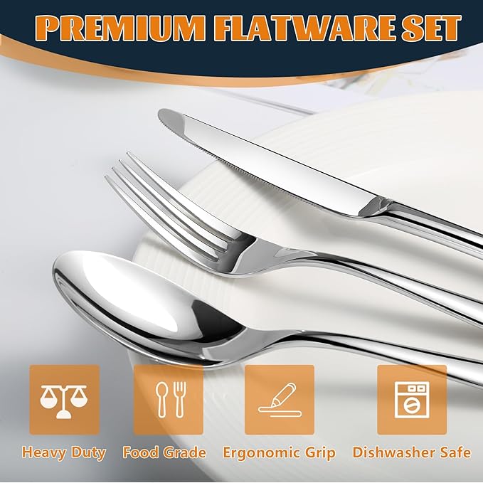 Silverware Set for 6, Heavy Duty Stainless Steel Cutlery Set Flatware Set,30 Piece Premium Silverware, Mirror Polished Modern Cutlery include Fork Knife Spoon Set,Dishwasher Safe