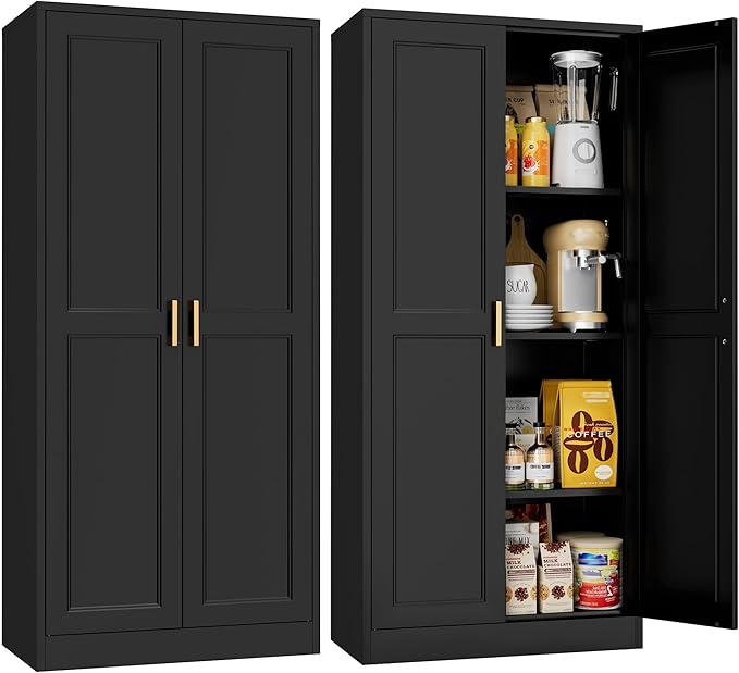 60" Tall Kitchen Storage Cabinet with 2 Doors, Metal Kitchen Pantry Cabinets with 3 Adjustable Shelves, Black Freestanding Food Cabinet, Large Cupboard for Office, Dining, Living Room,Hallway