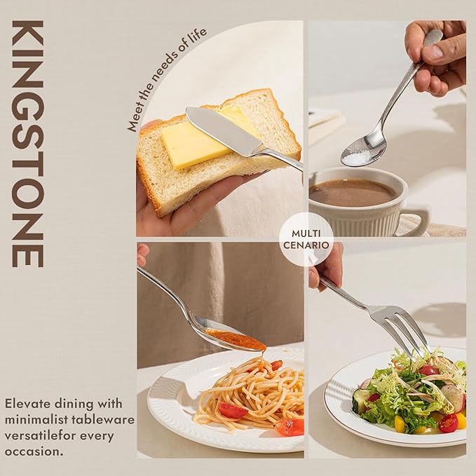 KINGSTONE Hammered 8-Piece Serving Utensil Set, 18/10 Stainless Steel Flatware for Catering, Party Include Spoons, Slotted Spoon, Fork, Butter Knife - Mirror Finish & Dishwasher Safe