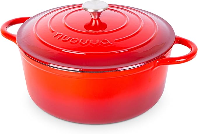 Cast Iron Dutch Oven with Lid – Non-Stick Ovenproof Enamelled Casserole Pot – Sturdy Dutch Oven Cookware – Red, 7.3-Quart, 30cm – by Nuovva