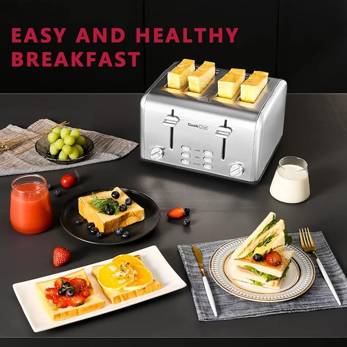 Toaster 4 Slice, Geek Chef Stainless Steel Toaster with Extra Wide Slots，4 Slot Toaster with Bagel/Defrost/Cancel Function, Dual Control Panel of 6 Toasting Bread Shade Settings, Removable Crumb Trays, High Lift Lever, ETL