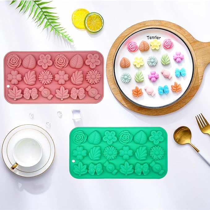 Gummy Candy Molds - 2Pcs Silicone Gummy Daisy Flower/Tulip Flower/Bow Tie/Leaf Candy Mold for Kids, Non-stick and Bpa Free for Candy Chocolate Gummy Jello Baking Soap Pudding Cookie Desserts Making