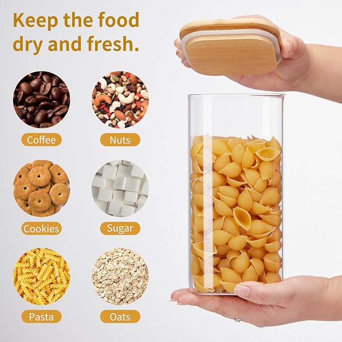 Square Glass Food Storage Jars with Lids[Set of 3], Perfect for Pasta, Cookies, Nuts, Coffee, Cereal, Flour, Organize Your Kitchen and Pantry with these BPA-Free Glass Jars with Canisters