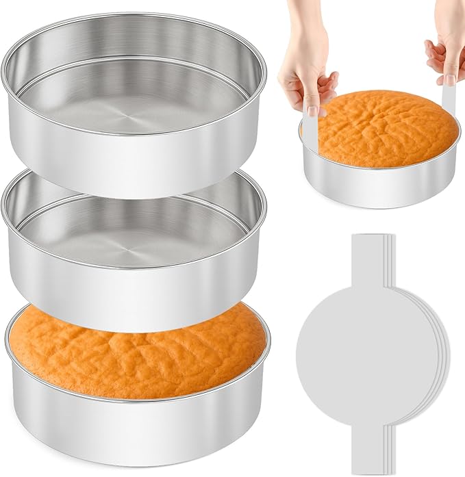 8 Inch Cake Pan - 3PCS Stainless Steel Round Layer Cake Baking Pans with 100 PCS Parchment Paper, Round Bakeware for Party Birthday Wedding, Mirror Finish & Dishwasher Safe