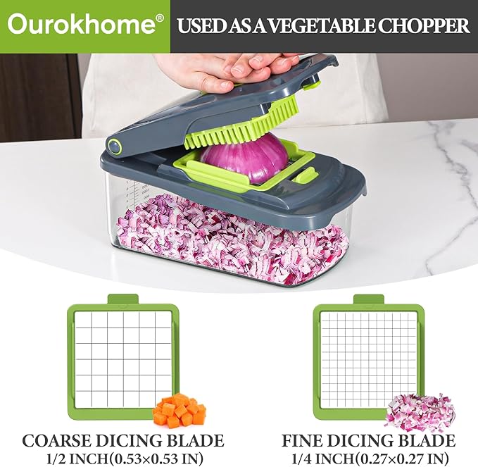 Ourokhome Onion Chopper Dicer with Container, Manual Food Cutter with Handheld Veggie Spiral, Hand Vegetable Mandolin slicer for Potato, Tomato, Carrot, Essential Kitchen Gadget (6 in 1, Gray)