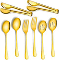 Patelai 8 Pieces Christmas Stainless Steel Gold Serving Utensils Set 8.7" Large Spoons and Slotted Spoon 9.45" Tong 9" Forks Flatware Wedding Party Buffet Banquet Cooking Kitchen Catering