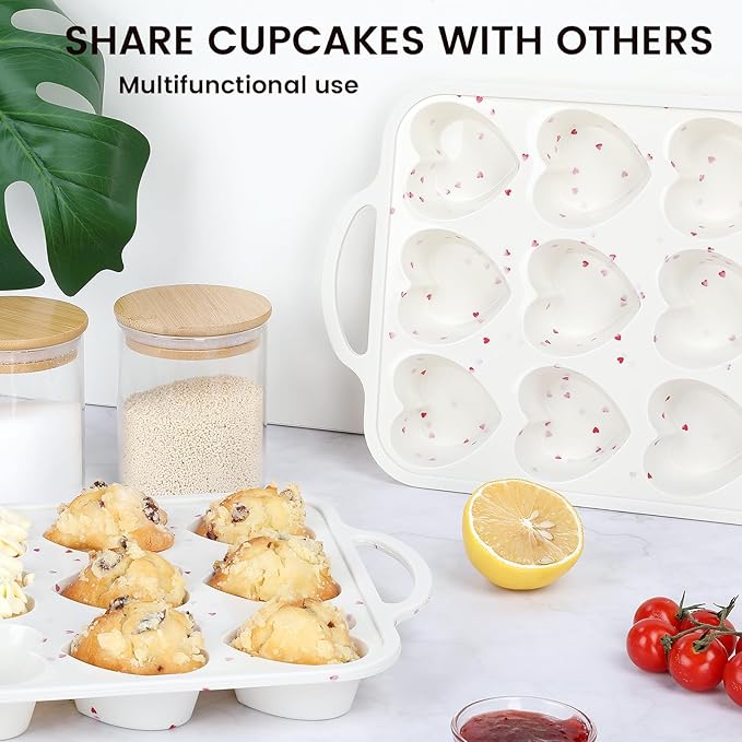 Vinino Silicone Heart Shaped Muffin Pan with Metal Reinforced Frame, 1 Pack Cupcake Pan, Silicone Heart Mold for Baking, Chocolate Bar and Egg Bites, Dishwasher Safe