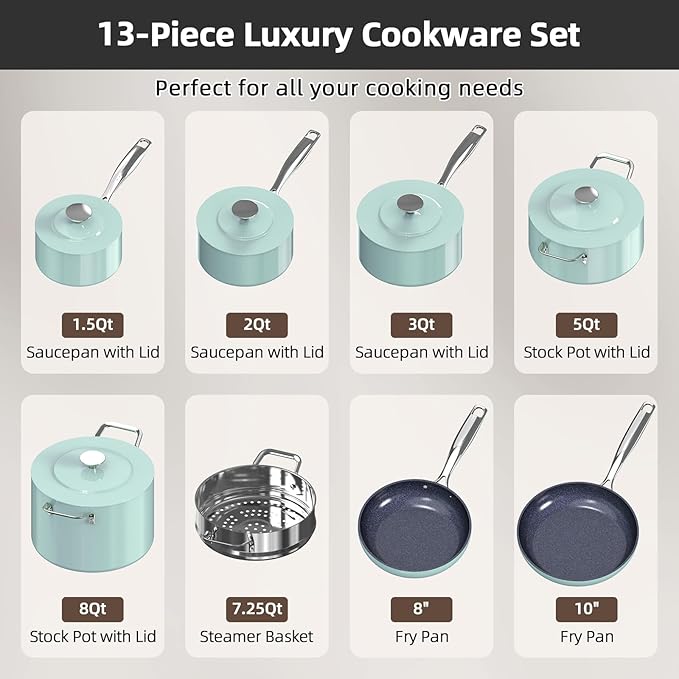Nuwave Lux 13pc Forged Lightweight Cookware Set PFAS Free, Healthy G10 Duralon Ceramic Coating, Ultra Non-Stick, Stay-Cool Handles, Works on All Cooktops & Induction Ready