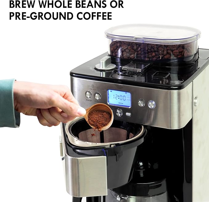 Koolatron Kenmore Elite Grind and Brew Coffee Maker - Built-In Grinder, Automatic Drip Coffee Machine, 12 Cup Programmable Brewer, Bean Grinder and Ground Coffee Brewer, Cafetera con Molino Integrade