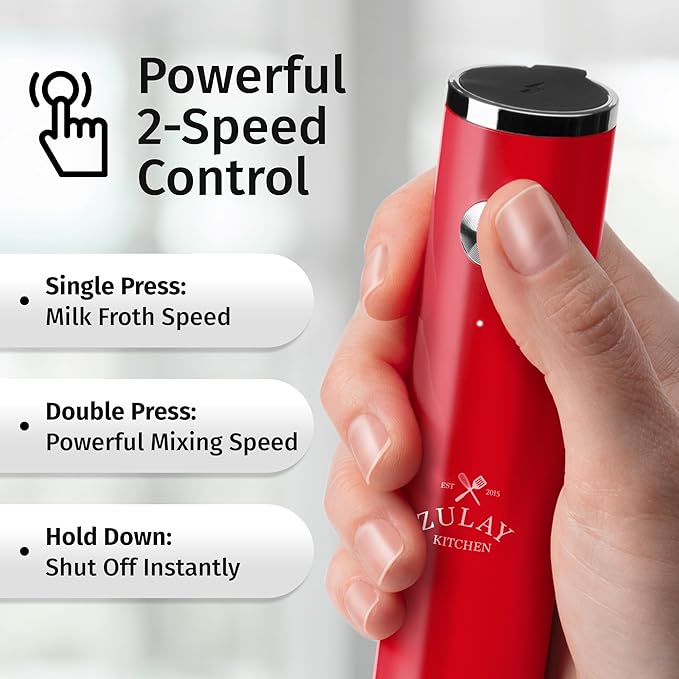 Zulay Kitchen Lux Rechargeable Milk Frother Handheld - Powerful 2-Speed Motor, Fully Waterproof, 2000mAh Battery - Drink Mixer For Latte, Cappuccino, Matcha, Protein Powder - Red