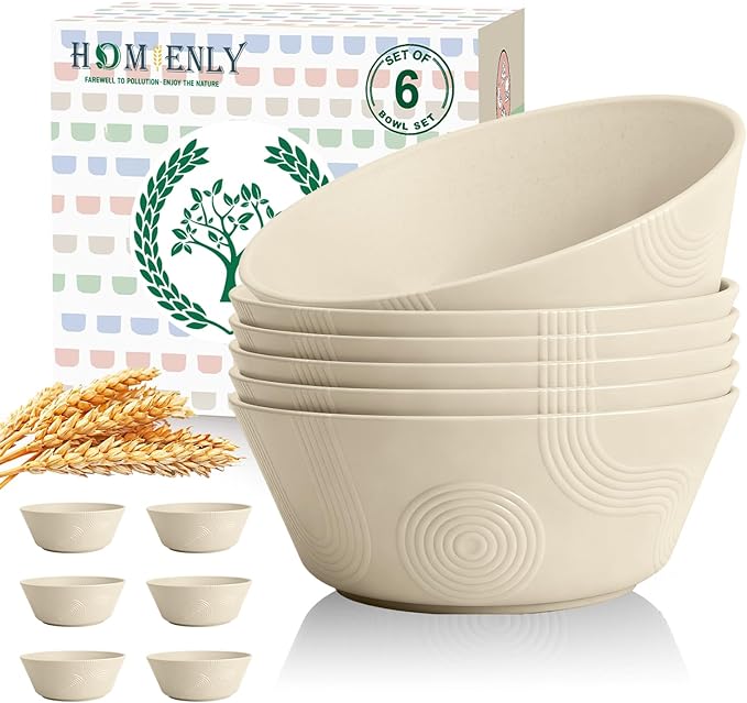 Homienly Cereal Bowl - Wheat Straw Bowls 6 PCS | Microwave & Dishwasher Safe | Patented Textured for Secure Grip| Ideal for Cereal, Soup, Salad - Versatile Dining Alternative to Plastic Bowls(Beige)