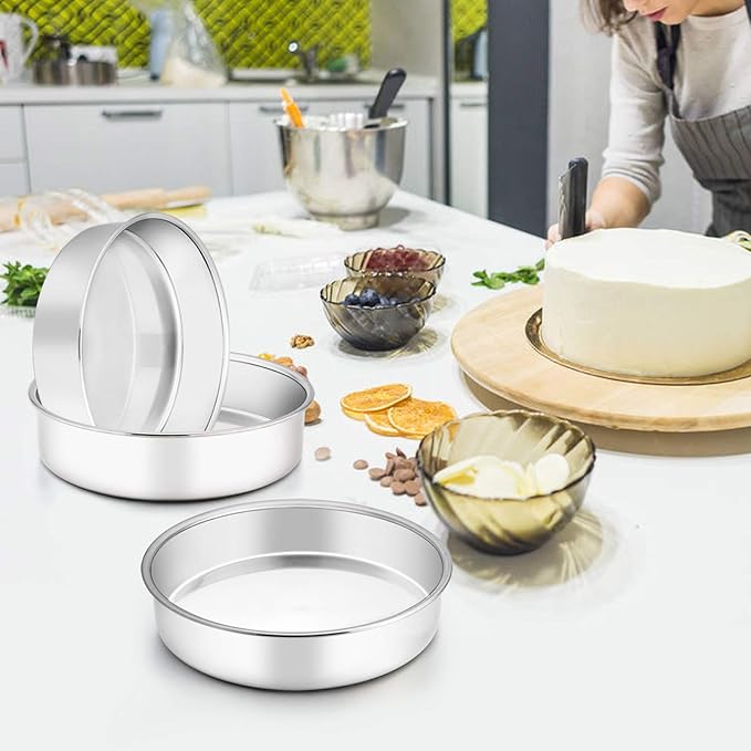 TeamFar 8 Inch Cake Pan, 3 Pcs Round Cake Pan Tier Cake Pan Set Stainless Steel, Healthy & Heavy Duty, Mirror Finish & Easy Clean, Dishwasher Safe
