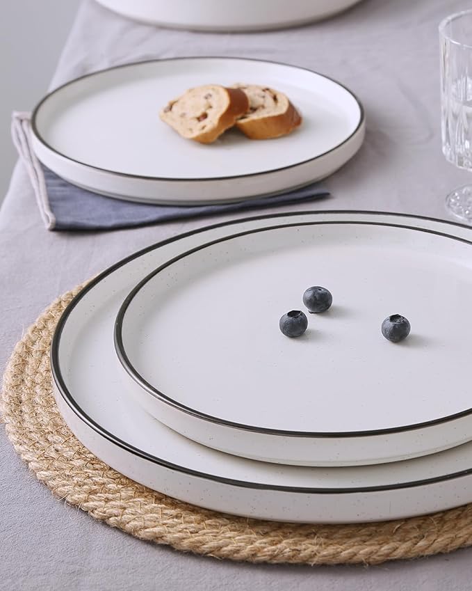 Famiware Nebula Plates and Bowls Set, 24 Pieces Dinnerware Sets, Dishes Set for 8, White with Black Rim