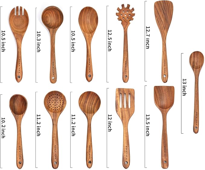 11 Pcs Wooden Kitchen Utensils Set - Wooden Spoons, Spatulas and More for Cooking