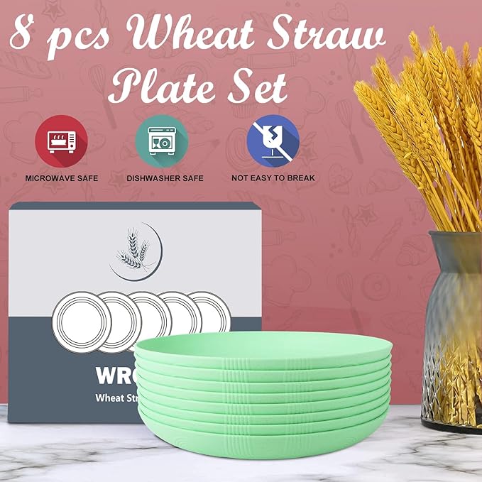 Wrova Wheat Straw Plates - 10 Inch Unbreakable Dinner Plates Set of 8 - Dishwasher & Microwave Safe Plastic Plates Reusable for Kitchen and Camping (Light Green)