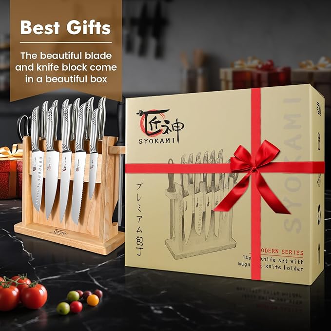 Japanese Knives Set for Kitchen, Magnetic Knife Set with Block and Sharpener, Stainless Steel Knife Set as Gift for Couple, Wedding, Women or Mom with Gift Box, 14 PCS Black Dot