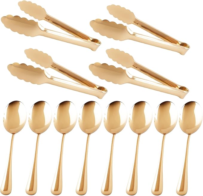 12PCS Stainless Steel Serving Utensils Sets with 8 Large Serving Spoons,4 Serving Tongs,Gold Serving Utensills Sets for Buffet Catering Banquet Party (Gold)