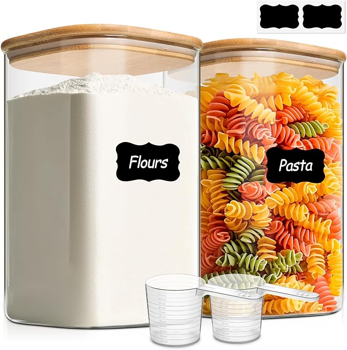 ComSaf 1.2 Gallon Wide Mouth Flour Sugar Storage Containers 2 Pcs, 4.6 Qt Glass Storage Containers with Lids, Large Pantry Glass Jar with Lid, Big Jars for Rice, Flour, Sugar, Cereal, Cookie, Coffee