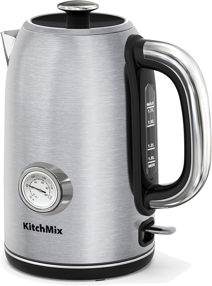 Electric Tea Kettles1500W, 1.7L Stainless Steel Tea Kettle with Thermometer, Auto Shut-Off & Boil-Dry, Cool Touch Handle, BPA Free (Stainless steel)
