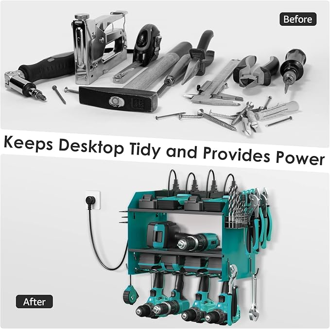 CCCEI Modular Power Tool Organizer Wall Mount with Charging Station. Garage Drill Storage Shelf with Hooks, Heavy Duty Rack, Tool Battery Holder Built in 8 Outlet. Gift for Men. Navy Blue, 2 Pack.