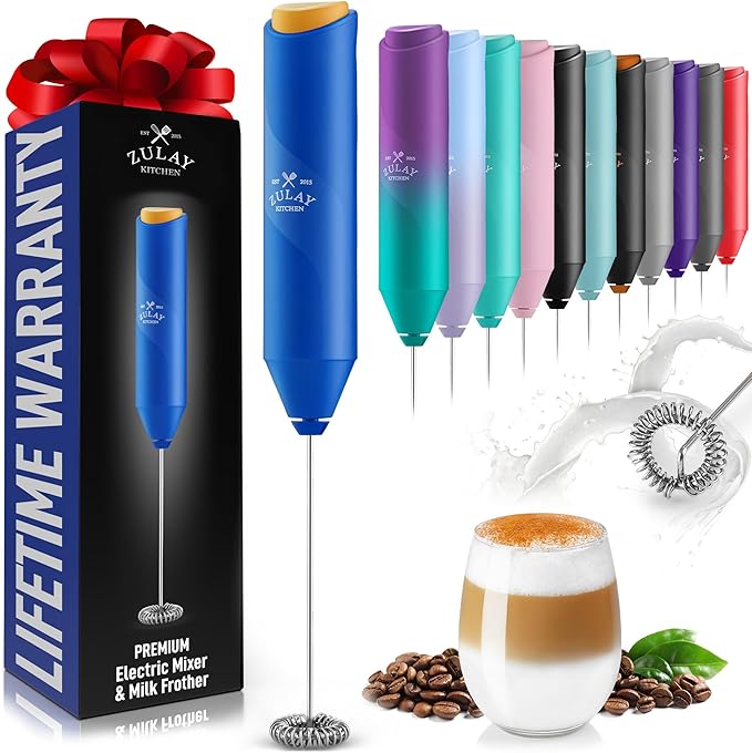 Zulay Kitchen FrothMate Powerful Milk Frother Portable & Compact Handheld Foam Maker Lattes, Cappuccinos (Blue with Gold Button, Froth Mate)