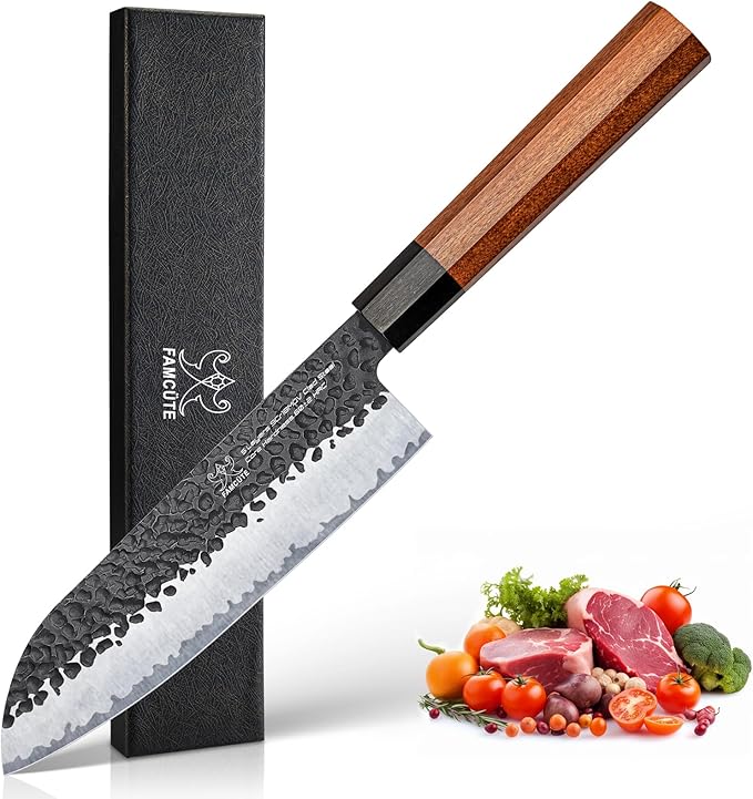 Santoku Knife 7 inch, Hand Forged 5 Layers 9CR18MOV High Carbon Steel Professional Kitchen Knife, Ultra Sharp Rosewood Handle Japanese Sushi Knife As a Thoughtful Birthday Gifts for Mom/Dad