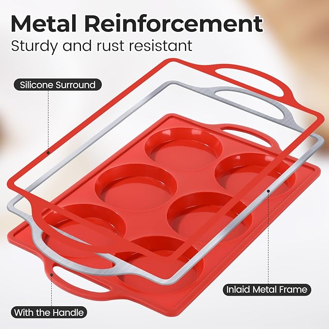 CAKETIME Silicone Muffin Top Pan with Metal Frame, 4 Inch Jumbo Non Stick Round Egg Baking Pan for Oven English Muffins, Whoopie Pies, Corn Bread, Egg Bites, Breakfast Sandwiches Tarts 2 Pack Red