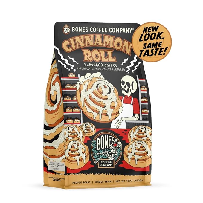 Bones Coffee Company Cinnamon Roll Flavored Coffee, Medium Roast Low Acid Arabica Beans Compatible with Auto drip and French Press Coffee Maker, 12 Oz Whole Bean