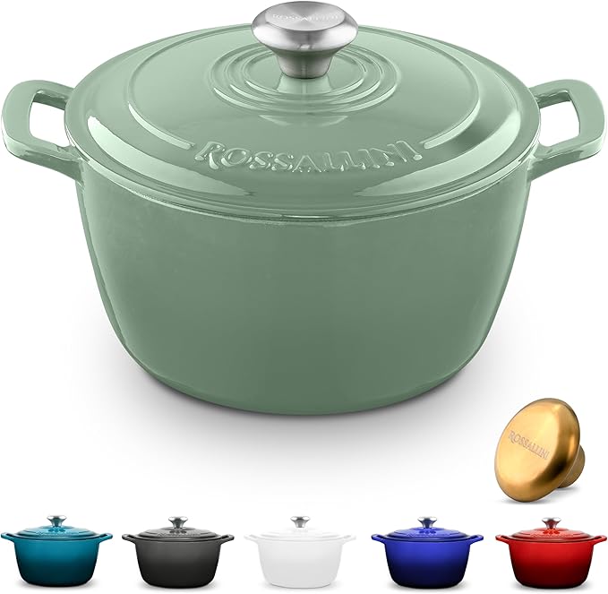 Signature Enameled Cast Iron Dutch Oven, Non-Stick Serving Pot with Tight Fitting Lid for Perfect Roasting, Baking, Sauteing, and Bread Making | 7.4Q (7L) - Sage