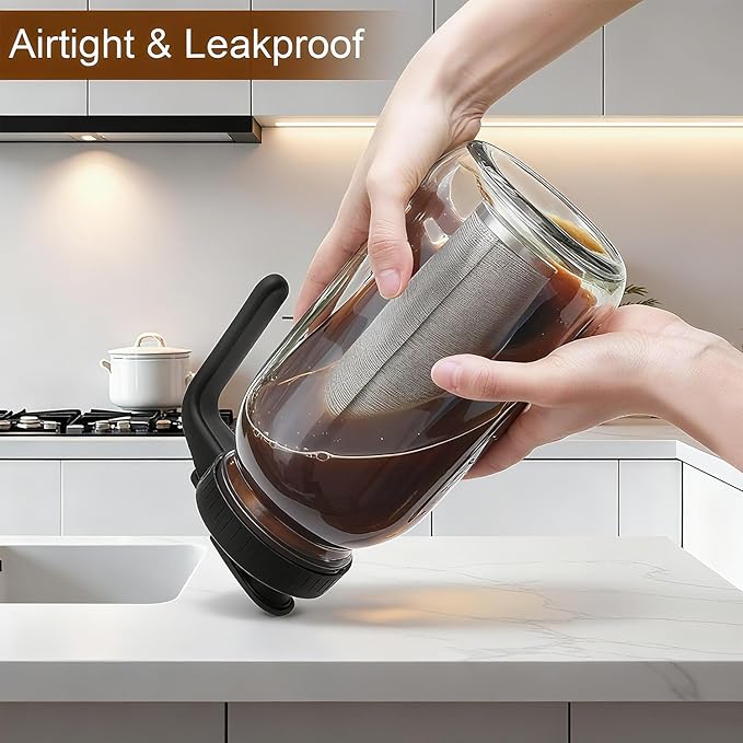 Cold Brew Coffee Maker, 64oz Iced Coffee Tea Pitcher with Stainless Steel Filter & Coffee Mat, 1/2 Gallon Heavy Duty Glass Mason Jar Cold Brew Maker with Pour Spout Handle Lid, 2 Brushes, Leak-Proof