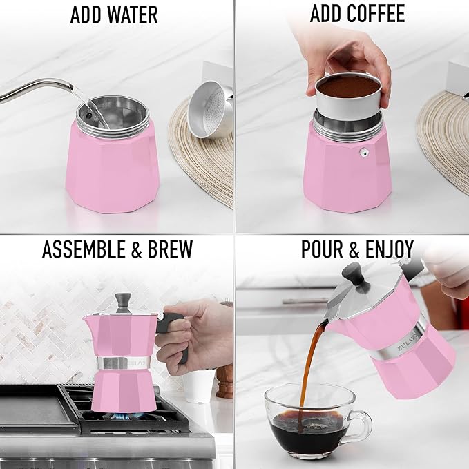 Zulay Moka Pot Espresso Stovetop Coffee Maker - Leak-Proof, Stainless Steel, Easy to Clean, Heat Resistant Handle & Knob - for Authentic Cuban & Italian Style Espresso - Makes 3 Espresso Cups - Pink
