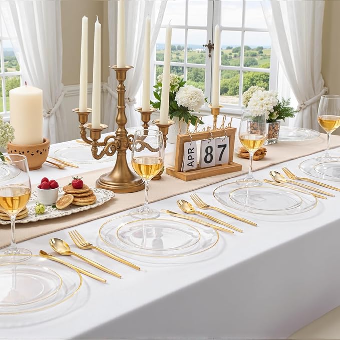 bUCLA 200PCS Clear and Gold Plastic Plates - Clear Disposable Plates with Gold Rim, Includes 100 PCS 10 inch Dinner Plates and 100 PCS 7 inch Dessert Plates for Party&Wedding