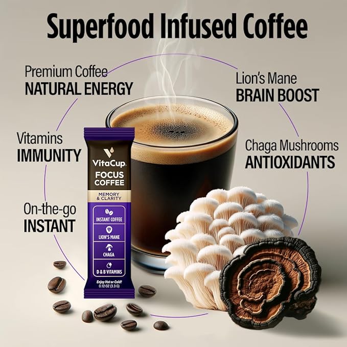 VitaCup Focus Mushroom Coffee Instant Packets, for Memory & Clarity Support, w/Fiber, Chaga, Lion’s Mane, D3, B Vitamins, Medium Roast, 100% Arabica & Robusta Coffee in Single Serve Sticks, 48 Ct